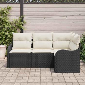4-teiliges Garten Sofa Set mit Kissen Schwarz Poly Rattan, 2-Sitzer Garten Sofa mit Kissen Schwarz Poly Rattan