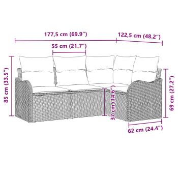 4-teiliges Garten Sofa Set mit Kissen Schwarz Poly Rattan, 2-Sitzer Garten Sofa mit Kissen Schwarz Poly Rattan