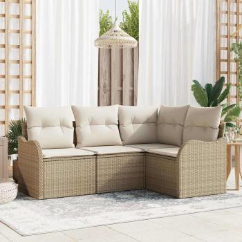 ARDEBO.de - 4-teiliges Garten Sofa Set mit Kissen Beige Poly Rattan, 2-Sitzer Garten Sofa mit Kissen Beige Poly Rattan