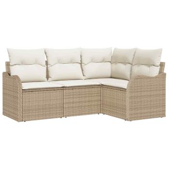 4-teiliges Garten Sofa Set mit Kissen Beige Poly Rattan, 2-Sitzer Garten Sofa mit Kissen Beige Poly Rattan