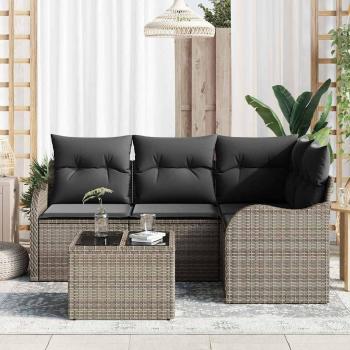 4-teiliges Garten Sofa Set mit Kissen Schwarzes Poly Rattan, 2-Sitzer Garten Sofa mit Kissen Graues Poly Rattan