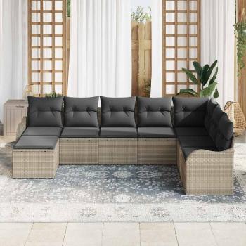 8-teiliges Garten-Sofa-Set mit Kissen Hellgrau Poly Rattan, 2-Sitzer Garten-Sofa mit Kissen Hellgrau Poly Rattan