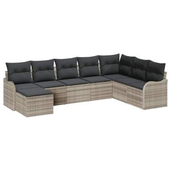 8-teiliges Garten-Sofa-Set mit Kissen Hellgrau Poly Rattan, 2-Sitzer Garten-Sofa mit Kissen Hellgrau Poly Rattan