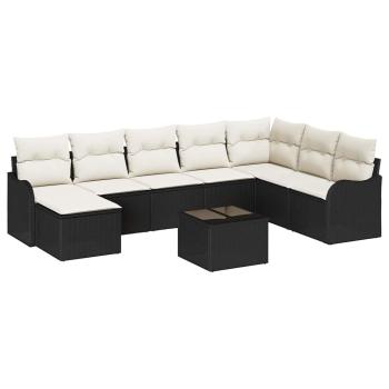 8-teiliges Garten-Sofa-Set mit Kissen, braun, Poly-Rattan, 2-Sitzer Garten-Sofa mit Kissen, schwarz, Poly-Rattan