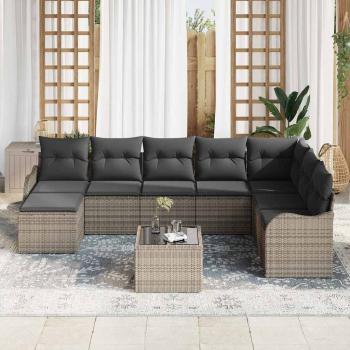 8-teiliges Garten Sofa Set mit Kissen in Schwarz Poly Rattan, 2-Sitzer Garten Sofa mit Kissen in Grau Poly Rattan