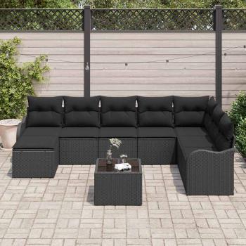 9-teiliges Garten-Sofa-Set mit Kissen Beige Poly-Rattan, 2-Sitzer Garten-Sofa mit Kissen Schwarz Poly-Rattan
