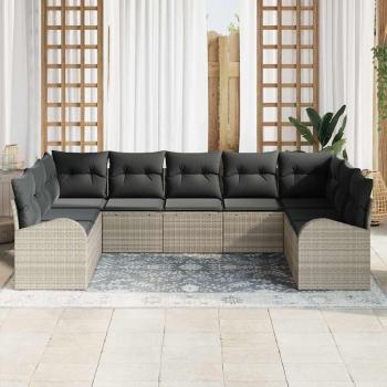 9-teiliges Garten Sofa Set mit Kissen Hellgrau Poly Rattan