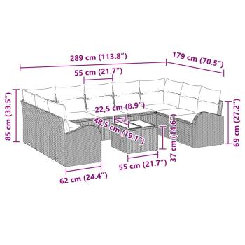 10-teiliges Garten Sofa Set mit Kissen Graues Poly Rattan
