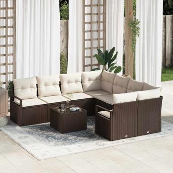 ARDEBO.de - 9-teiliges Garten-Sofa Set mit Kissen Braun Poly-Rattan, 2-Sitzer Garten-Sofa mit Kissen Braun Poly-Rattan