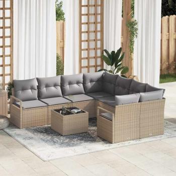 ARDEBO.de - 9-teiliges Garten-Sofa-Set mit Kissen Beige Poly Rattan, 2-Sitzer Garten-Sofa mit Kissen Beige Poly Rattan