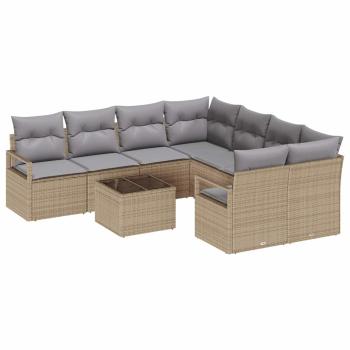 9-teiliges Garten-Sofa-Set mit Kissen Beige Poly Rattan, 2-Sitzer Garten-Sofa mit Kissen Beige Poly Rattan