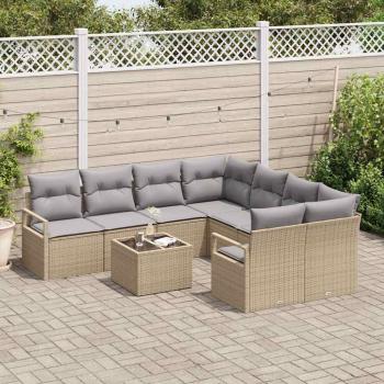 9-teiliges Garten-Sofa-Set mit Kissen Beige Poly Rattan, 2-Sitzer Garten-Sofa mit Kissen Beige Poly Rattan