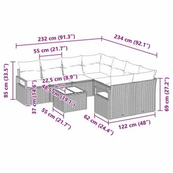 9-teiliges Garten-Sofa-Set mit Kissen Hellgrau Poly Rattan, 2-Sitzer Garten-Sofa mit Kissen Grau Poly Rattan