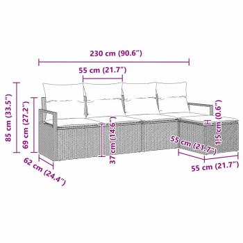 5-teiliges Garten Sofa Set mit Kissen in Grau Poly Rattan, 2-Sitzer Garten Sofa mit Kissen in Grau Poly Rattan