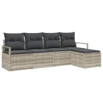 5-teiliges Garten Sofa Set mit Kissen Hellgrau Poly-Rattan, 2-Sitzer Garten Sofa mit Kissen Grau Poly-Rattan