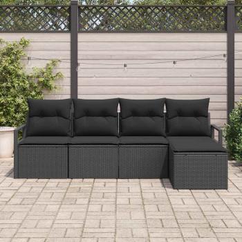 5-teiliges Garten Sofa Set mit Kissen Schwarz Poly Rattan, 2-Sitzer Garten Sofa mit Kissen Schwarz Poly Rattan