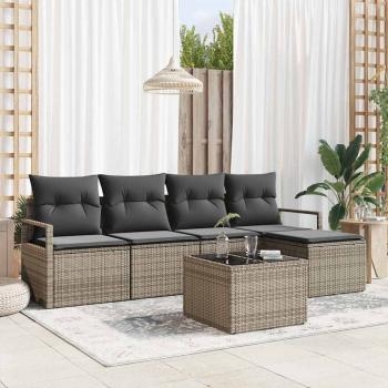 ARDEBO.de - 5-teiliges Garten-Sofa-Set mit Kissen in Schwarz Poly-Rattan, 2-Sitzer Garten-Sofa mit Kissen in Grau Poly-Rattan