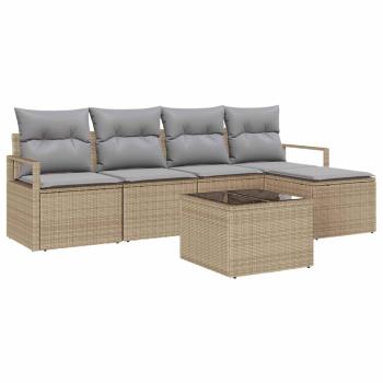 6-teiliges Garten Sofa Set mit Kissen Schwarz Poly Rattan, 2-Sitzer Garten Sofa mit Kissen Beige Poly Rattan