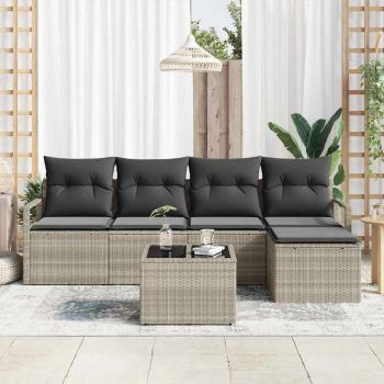 6-teiliges Garten-Sofa-Set mit Kissen Grau Poly-Rattan, 2-Sitzer Garten-Sofa mit Kissen Grau Poly-Rattan