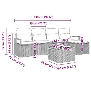 6-teiliges Garten-Sofa-Set mit Kissen Grau Poly-Rattan, 2-Sitzer Garten-Sofa mit Kissen Grau Poly-Rattan
