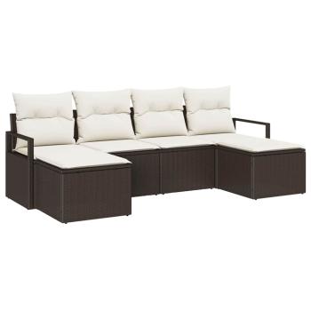 6-teiliges Garten-Sofa-Set mit Kissen Braun Poly Rattan, 2-Sitzer Garten-Sofa mit Kissen Braun Poly Rattan