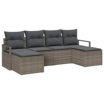 6-teiliges Garten Sofa Set mit Kissen Grau Poly Rattan, 2-Sitzer Garten Sofa mit Kissen Grau Poly Rattan