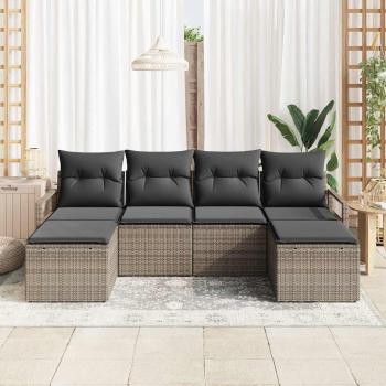 6-teiliges Garten Sofa Set mit Kissen Grau Poly Rattan, 2-Sitzer Garten Sofa mit Kissen Grau Poly Rattan