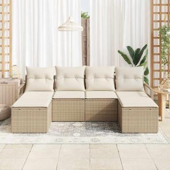 6-teiliges Garten Sofa Set mit Kissen Beige Poly Rattan, 2-Sitzer Garten Sofa mit Kissen Beige Poly Rattan