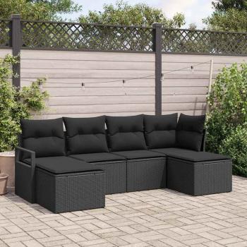 ARDEBO.de - 6-teiliges Garten Sofa Set mit Kissen Schwarz Poly Rattan, 2-Sitzer Garten Sofa mit Kissen Schwarz Poly Rattan
