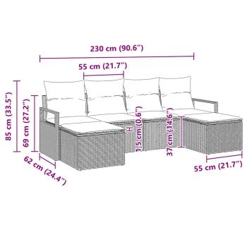 6-teiliges Garten Sofa Set mit Kissen Schwarz Poly Rattan, 2-Sitzer Garten Sofa mit Kissen Schwarz Poly Rattan