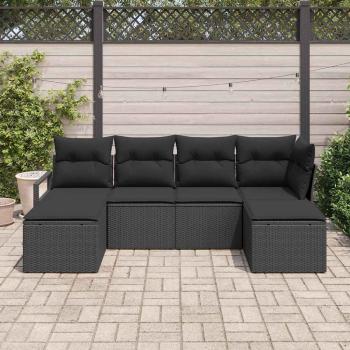 6-teiliges Garten Sofa Set mit Kissen Schwarz Poly Rattan, 2-Sitzer Garten Sofa mit Kissen Schwarz Poly Rattan