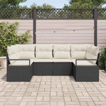 6-teiliges Garten Sofa Set mit Kissen Schwarz Poly Rattan, 2-Sitzer Garten Sofa mit Kissen Schwarz Poly Rattan