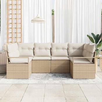 6-teiliges Garten-Sofa-Set mit Kissen Beige Poly Rattan, 2-Sitzer Garten-Sofa mit Kissen Beige Poly Rattan