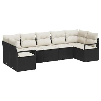 7-teiliges Garten Sofa Set mit Kissen Schwarz Poly-Rattan, 2-Sitzer Garten Sofa mit Kissen Schwarz Poly-Rattan
