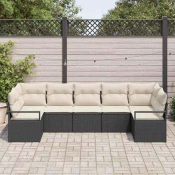 7-teiliges Garten Sofa Set mit Kissen Schwarz Poly-Rattan, 2-Sitzer Garten Sofa mit Kissen Schwarz Poly-Rattan