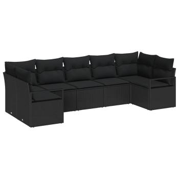 7-teiliges Garten Sofa Set mit Kissen Schwarzes Poly Rattan, 2-Sitzer Garten Sofa mit Kissen Schwarzes Poly Rattan