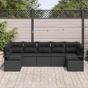 7-teiliges Garten Sofa Set mit Kissen Schwarzes Poly Rattan, 2-Sitzer Garten Sofa mit Kissen Schwarzes Poly Rattan