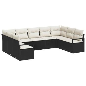 9-teiliges Garten-Sofa-Set mit Kissen - Schwarzes Poly-Rattan, 2-Sitzer Garten-Sofa mit Kissen - Schwarzes Poly-Rattan