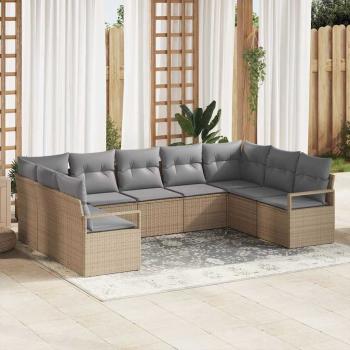 ARDEBO.de - 9-teiliges Garten-Sofa-Set mit Kissen Beige Poly-Rattan, 2-Sitzer Garten-Sofa mit Kissen Beige Poly-Rattan