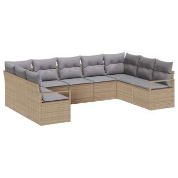 9-teiliges Garten-Sofa-Set mit Kissen Beige Poly-Rattan, 2-Sitzer Garten-Sofa mit Kissen Beige Poly-Rattan