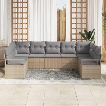 9-teiliges Garten-Sofa-Set mit Kissen Beige Poly-Rattan, 2-Sitzer Garten-Sofa mit Kissen Beige Poly-Rattan
