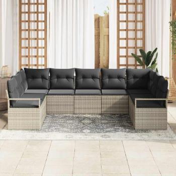 9-teiliges Garten-Sofa-Set mit Kissen Hellgrau Poly-Rattan, 2-Sitzer Garten-Sofa mit Kissen Grau Poly-Rattan