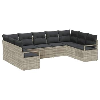 9-teiliges Garten-Sofa-Set mit Kissen Hellgrau Poly-Rattan, 2-Sitzer Garten-Sofa mit Kissen Grau Poly-Rattan