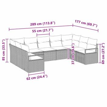 9-teiliges Garten-Sofa-Set mit Kissen Hellgrau Poly-Rattan, 2-Sitzer Garten-Sofa mit Kissen Grau Poly-Rattan