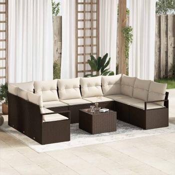 ARDEBO.de - 9-teiliges Garten-Sofaset mit Kissen Grau Poly Rattan, 2-Sitzer Garten Sofa mit Kissen Braun Poly Rattan