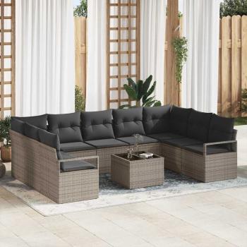 ARDEBO.de - 9-teiliges Garten Sofa Set mit Kissen in Schwarz Poly Rattan, 2-Sitzer Garten Sofa mit Kissen in Grau Poly Rattan