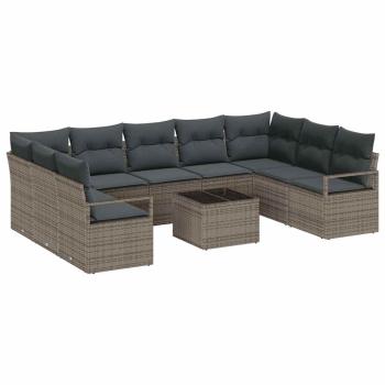 9-teiliges Garten Sofa Set mit Kissen in Schwarz Poly Rattan, 2-Sitzer Garten Sofa mit Kissen in Grau Poly Rattan