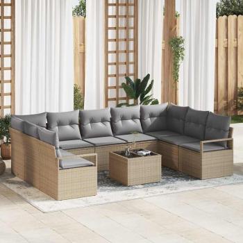 ARDEBO.de - 10-teiliges Garten Sofa Set mit Kissen aus schwarzem Poly Rattan, 2-Sitzer Garten Sofa mit Kissen aus beigefarbenem Poly Rattan