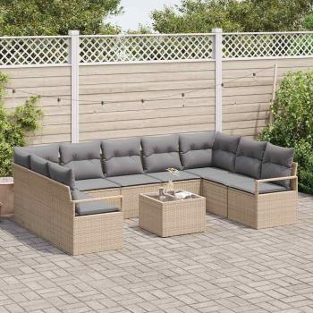 10-teiliges Garten Sofa Set mit Kissen aus schwarzem Poly Rattan, 2-Sitzer Garten Sofa mit Kissen aus beigefarbenem Poly Rattan