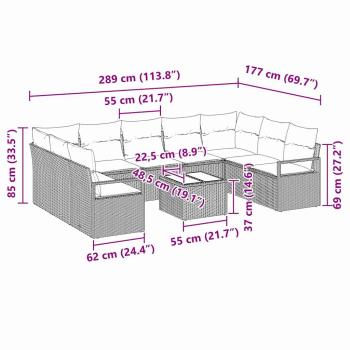10-teiliges Garten-Sofa-Set mit Kissen Grau Poly Rattan, 2-Sitzer Garten-Sofa mit Kissen Grau Poly Rattan
